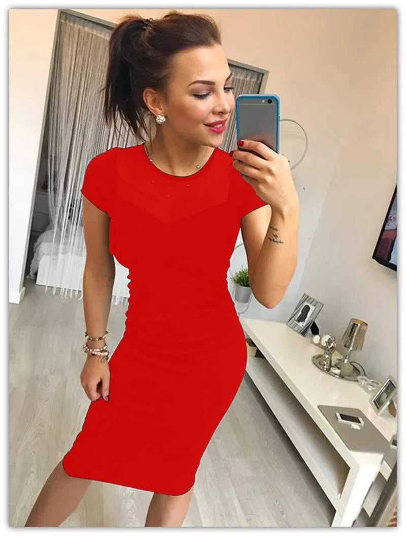 Plus Size Women Mesh Splicing Short Sleeve Dresses Sexy Night Club Bodycon Zipper Dress Summer Midi Pencil Vestidos De Mujer