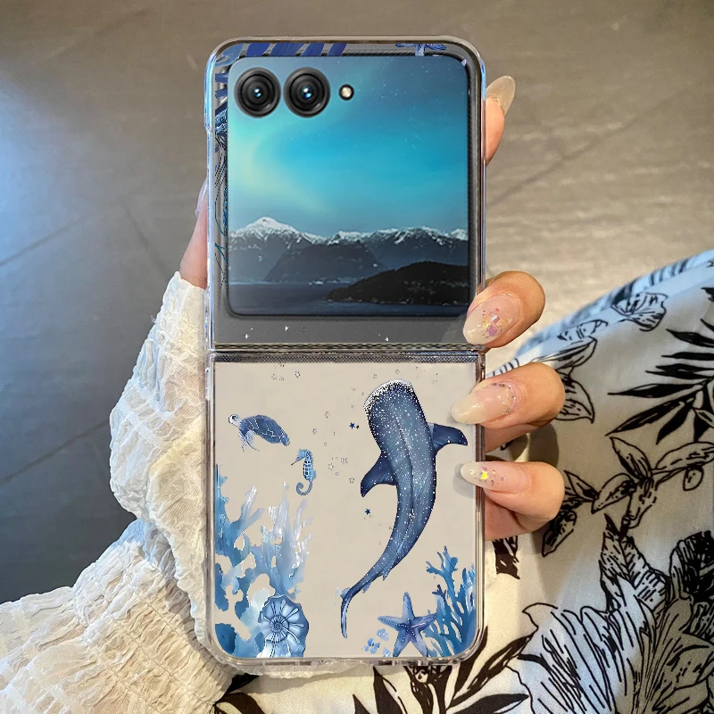 Handyhülle mit Ozean-Hai-Wal-Muster für Motorola Razr 60 50 40 Ultra Razr 60 Razr 50 Raz 40, transparente, stoßfeste, harte Klappabdeckung