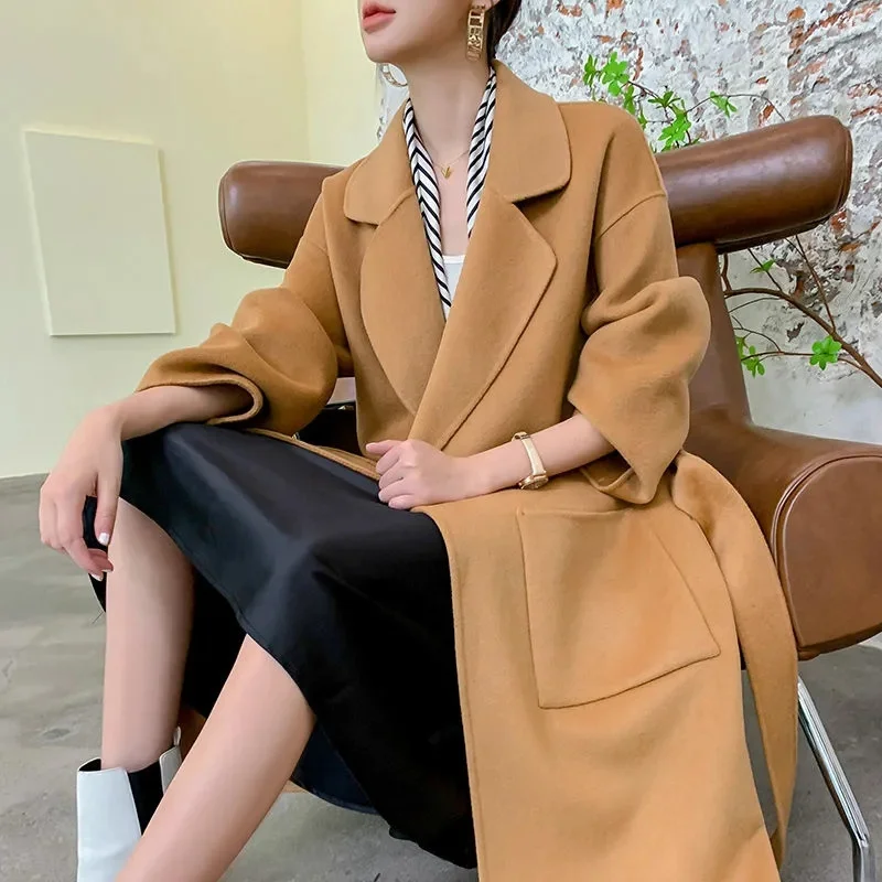 

Winter Trench Coat For Women Elegant Fashion Korean Casual Thick Wool Coat Lace-up Long Jacket Black Woman Coat With Blet