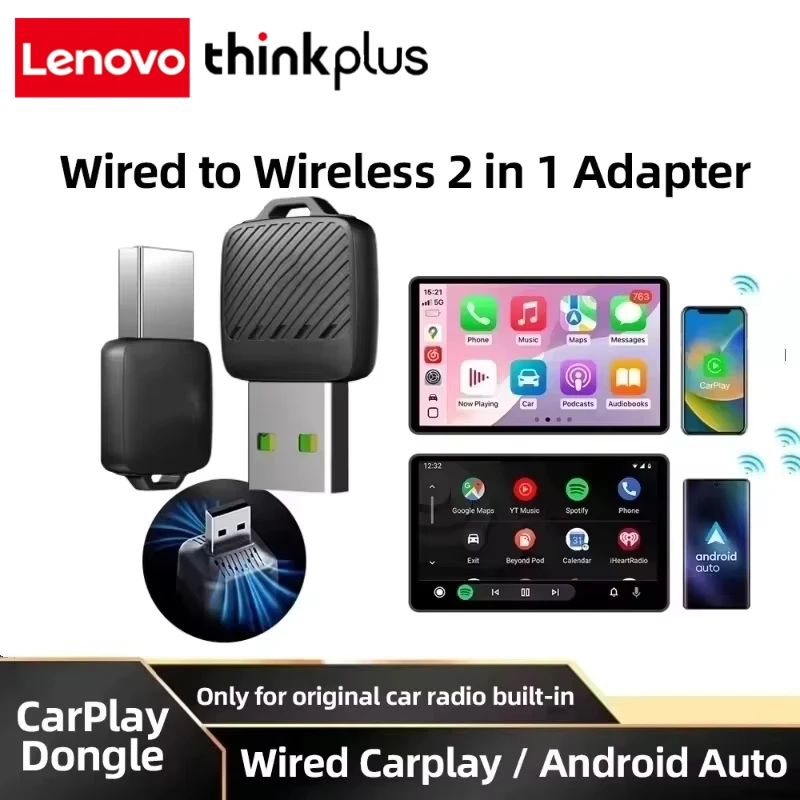Lenovo thinkplus  2- in-1 Wireless Android Auto Adapter Wireless CarPlay Dongle Car Systems AI Smart Box For Car Wired CarPlay