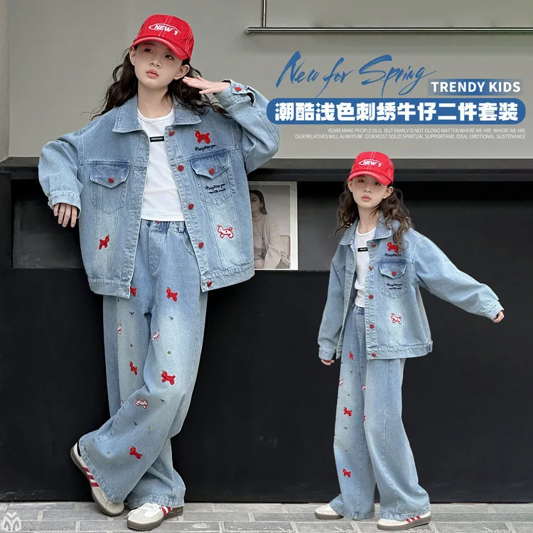 teenager Girls Embroidered Cowboy outfits 2026 Childrens Autumn clothes suit Korean Fashion Pony Cowboy Coat pants Two Piece Set