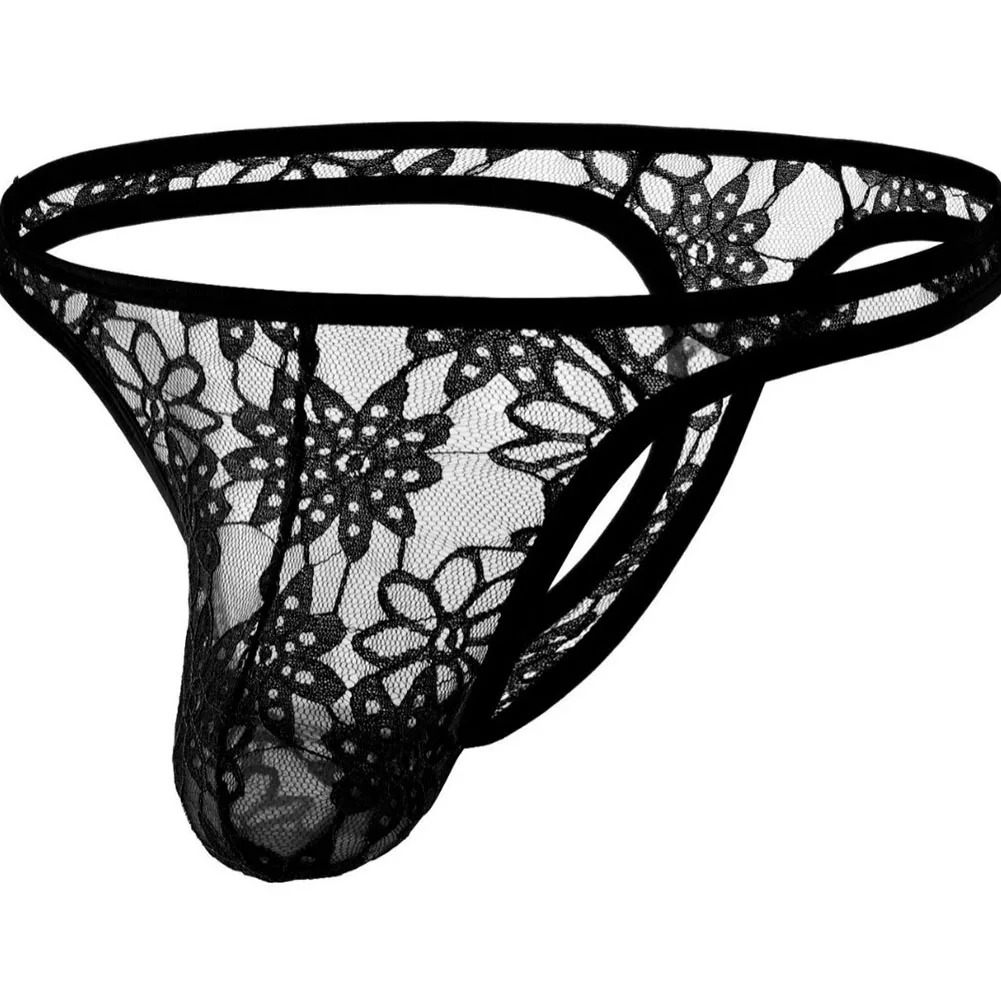 1pc Men Jacquard Mesh Sheer G-string Underwear Sexy T-back Breathable Briefs Gay Sissy Butt Exposed Hollow-out Underpant