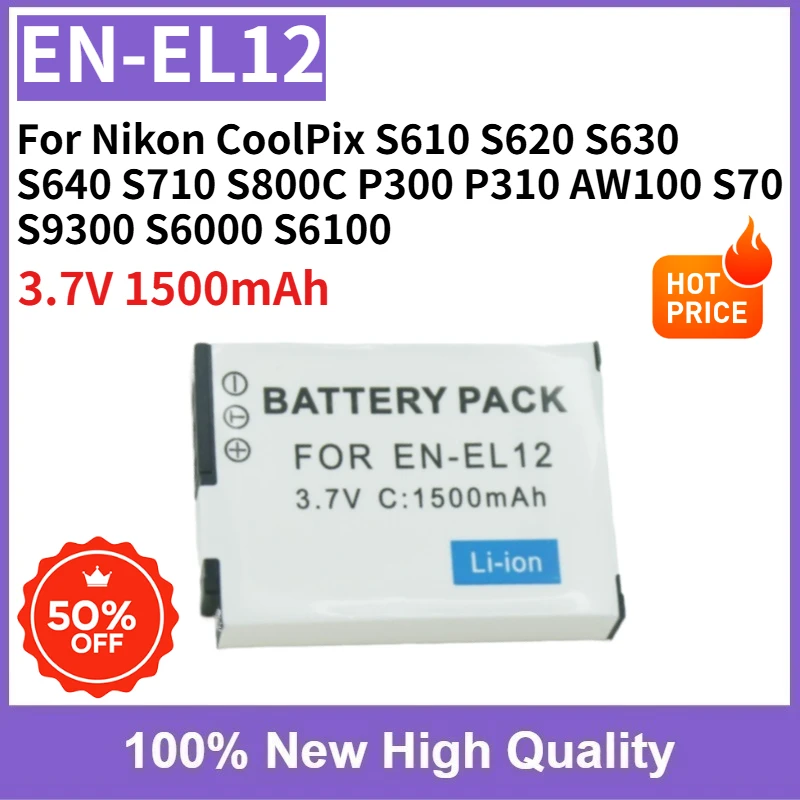 Batterie d'appareil photo numérique EN-EL12 1500mAh pour Nikon CoolPix S610 S620 S630 S640 S710 S800C P300 P310 AW100 S70 S9300 S6000 S6100