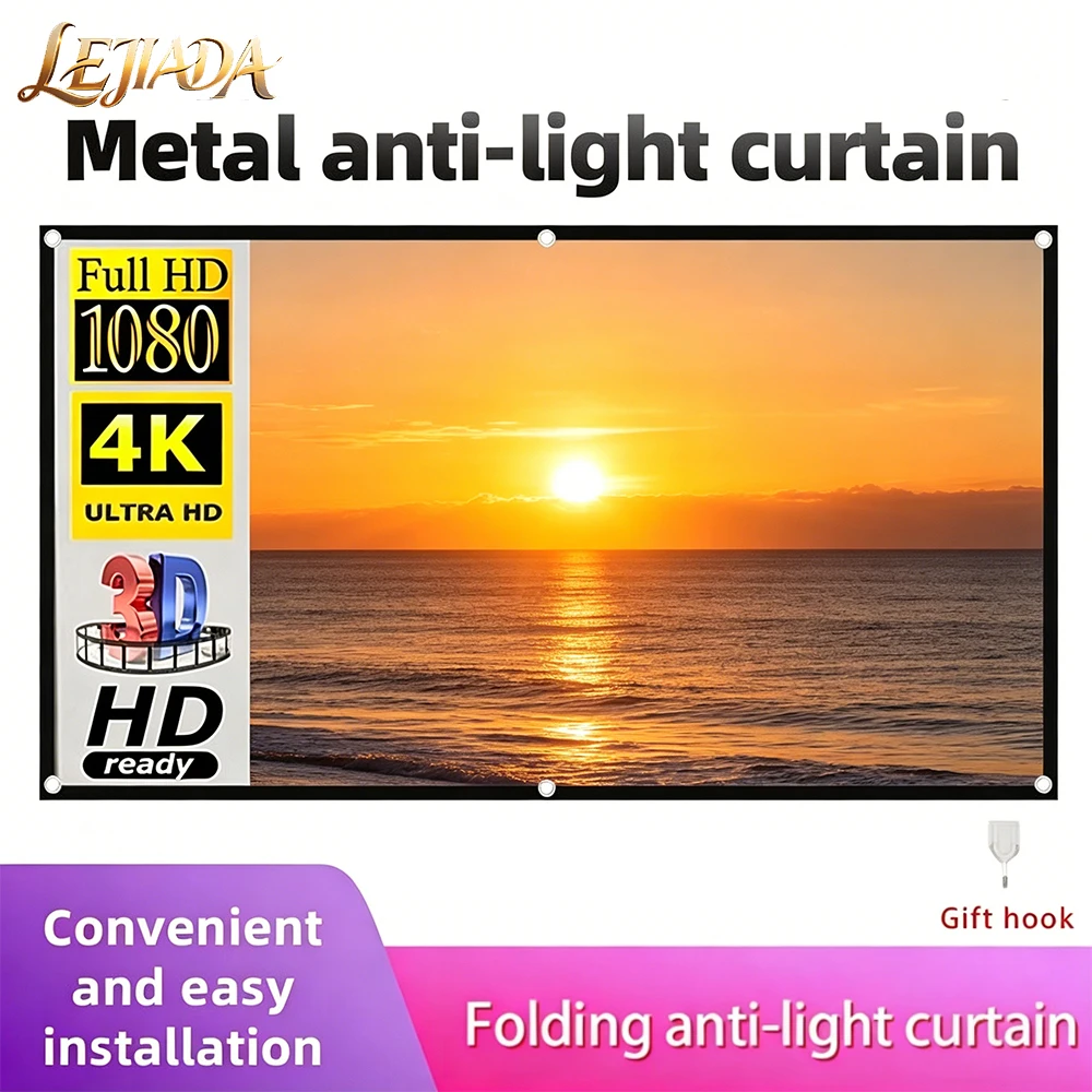 LEJIADA 16:9 Metal Grey Anti-Light Projection Screen Portable Black Border With Holes 30° Viewing Effect Home Outdoor 60-133Inch