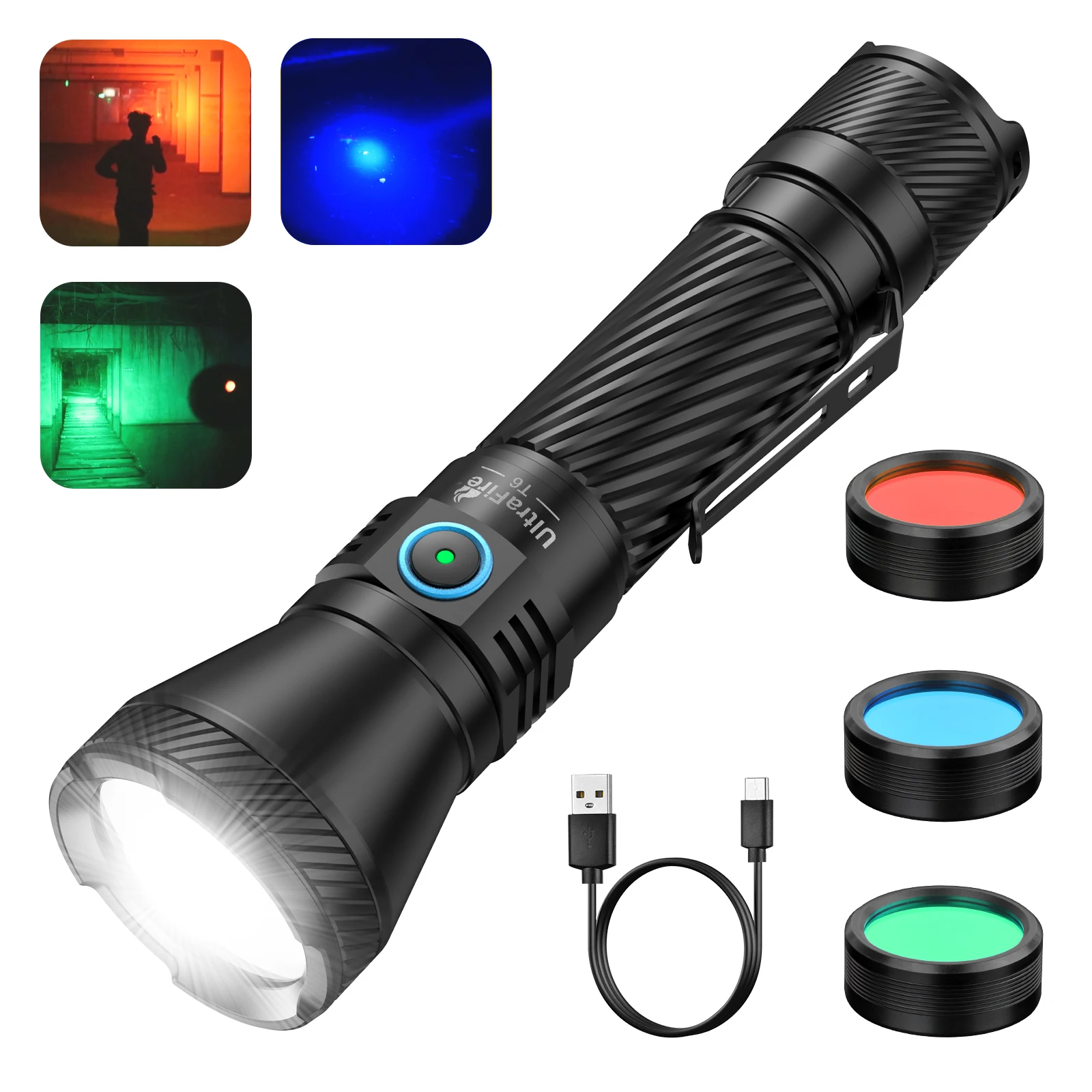 UltraFire T6 Tactical Police Flashlight High Power 1800LM 550M Range USB C Rechargeable Hunting Flashlights with 3 Filter Lenses