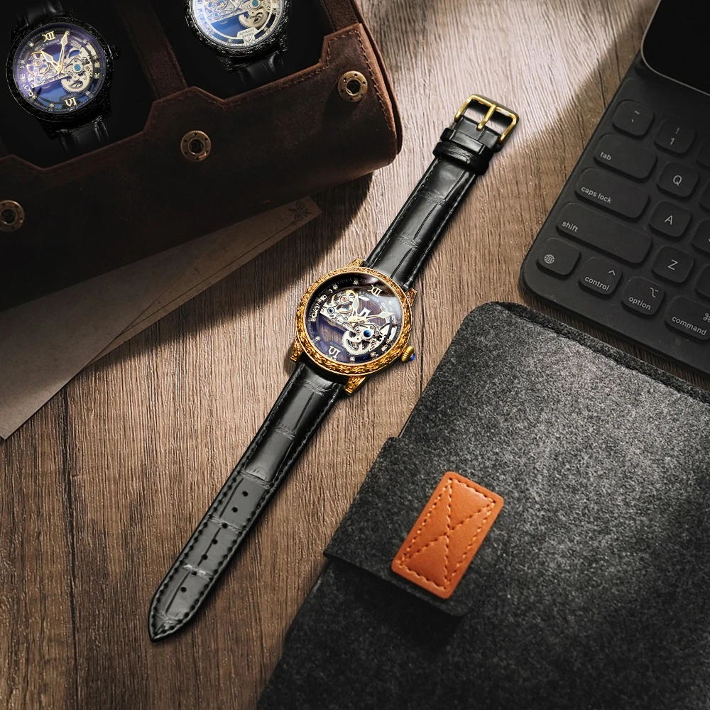 T-winner Men's Automatic Mechanical Skeleton Watch Luxury Big Dial Luminous Hands Leather Strap Waterproof Casual Steampunk Gift