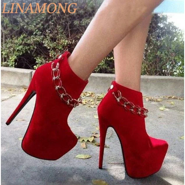 

Round Toe Thick Soled Platform Ankle Boots Fashionable Temperament Suede Back Zipper Transparent Chain Design Slim High Heels