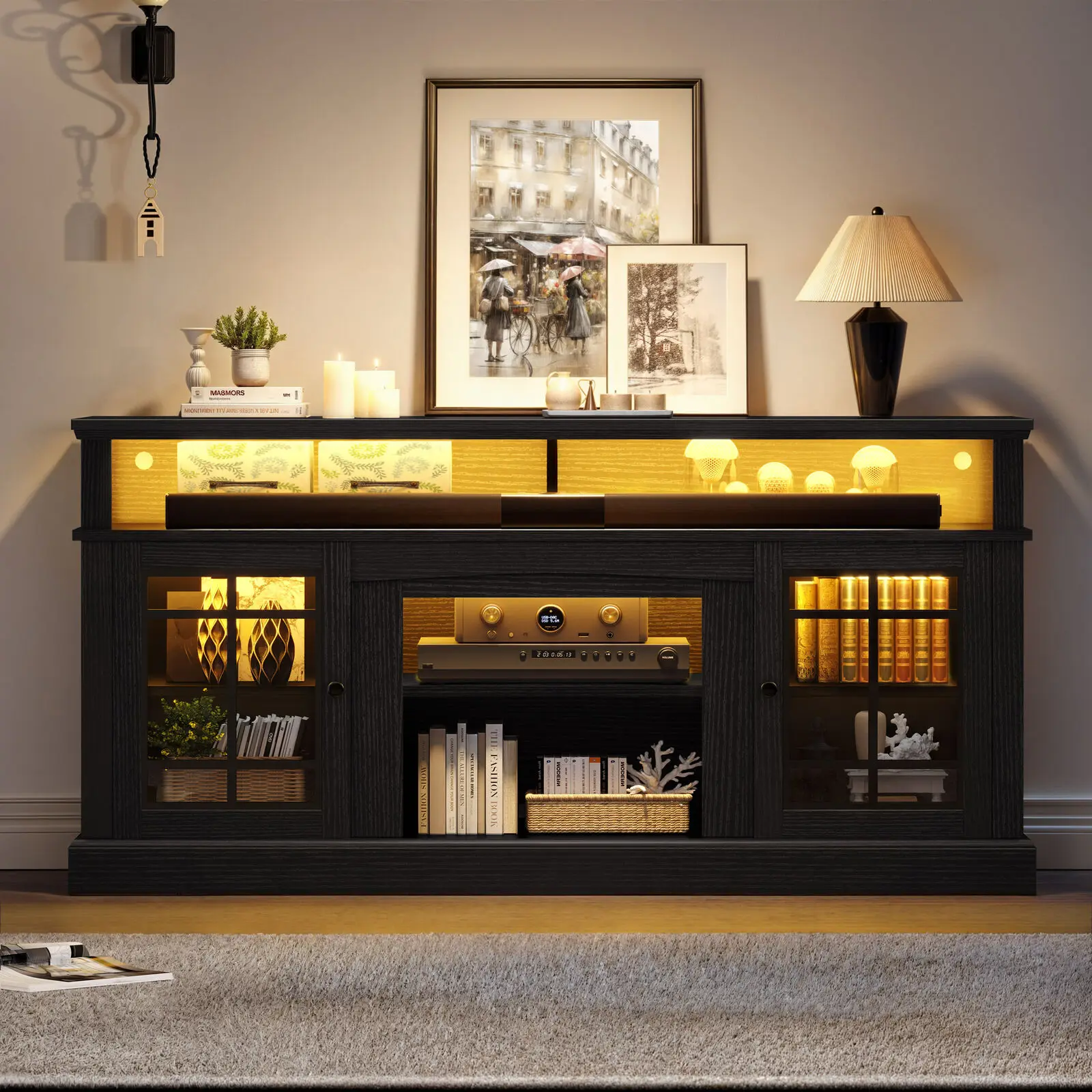 

65" Sideboard Buffet Cabinet w/Adjustable Shelves & Glass Door Coffee Bar Table