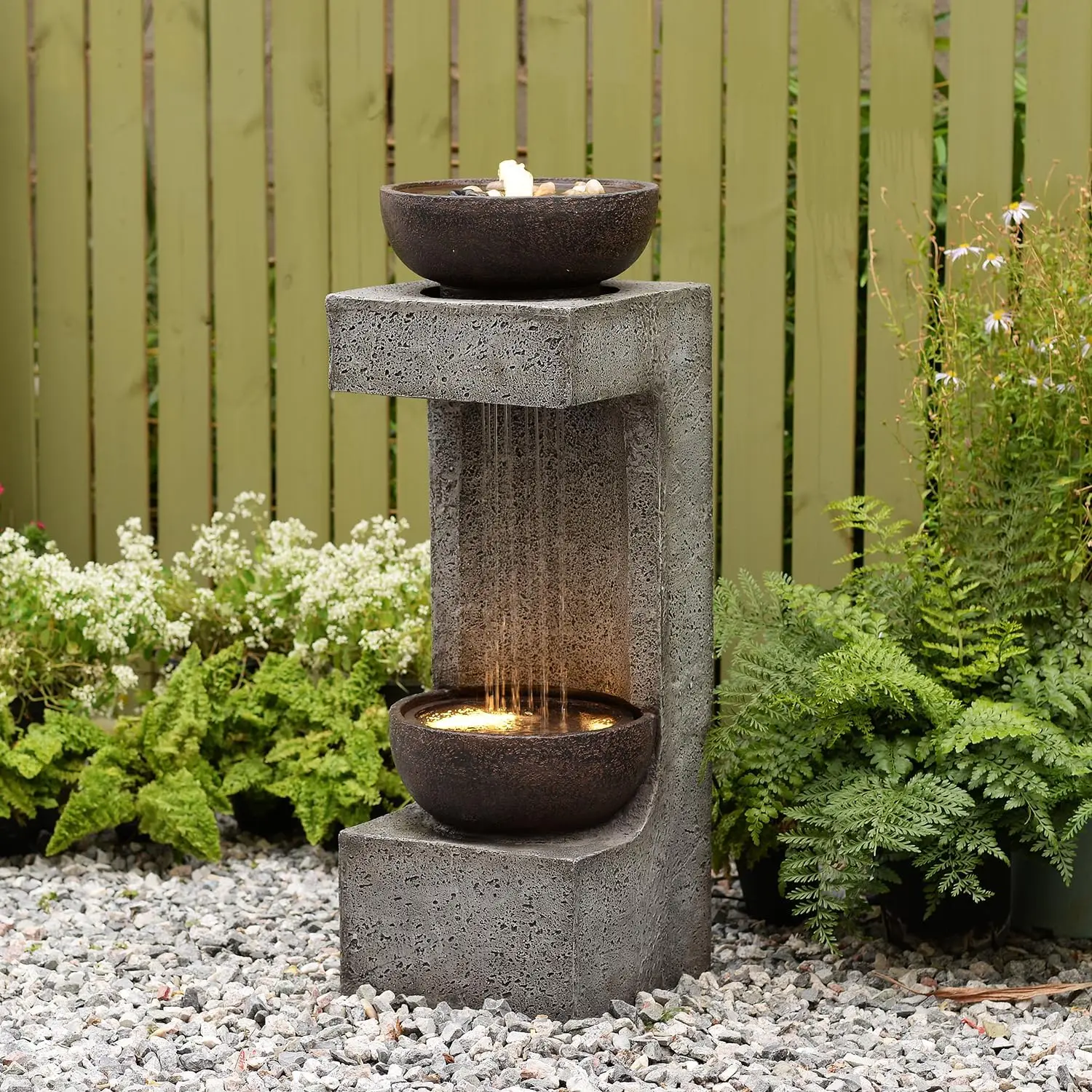 33.9 Inch Waterfall Fountain Outdoor Led Lights Modern Rain Curtain Resin Garden Bowl Water Feature Patio Porch Backyard Lawn Ho