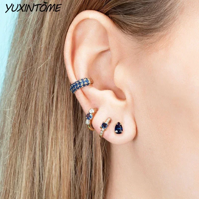 925 Sterling Silver Needle Mysterious Blue Series Small Hoop Earrings for Women 24K Gold Earrings Trend Jewelry Ear Accessories