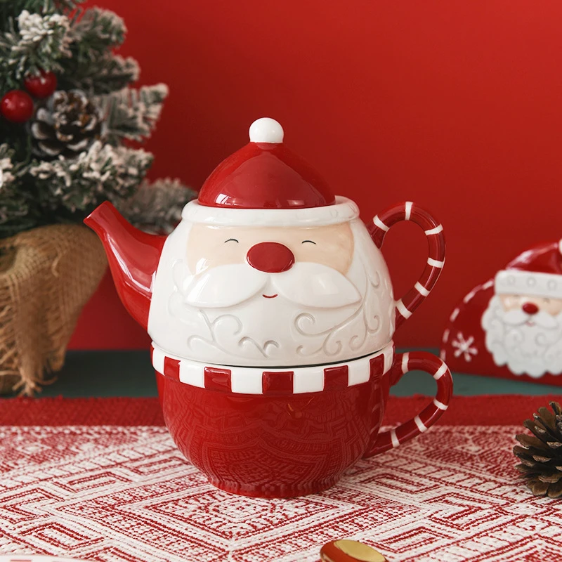 Creative Teapot Coffee Cup Pot Suit Ceramic Kettle Flower Tea Set Mother Pot Santa Claus Ornaments Holiday Gifts For Children