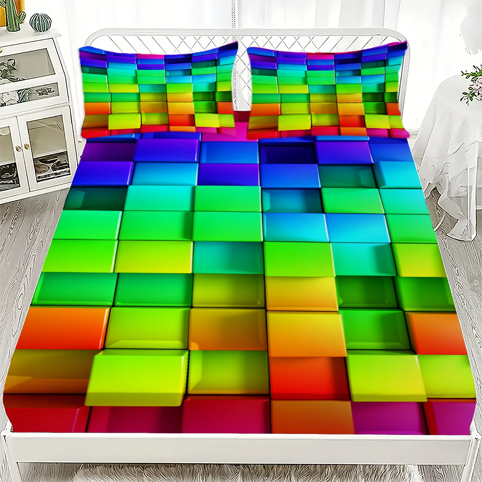 3D Rainbow Stereoscopic Cube Fitted Sheet Set Colorful Gradient Geometric Bedding Set Soft Breathable For Bedroom