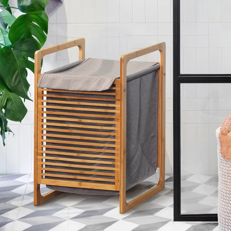 

Bamboo Rack with Dirty Clothes Basket, Bathroom Storage Solution, Fabric Storage Basket with Lid, Creative Home Organizer