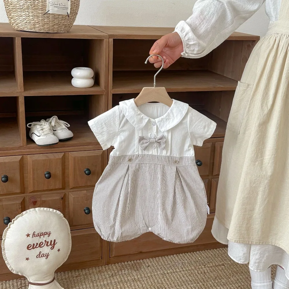 0-2Years Little Gentleman Clothes Newborn Baby Boy Short Sleeve Turn Down Collar Bow Patchwork Cotton Romper Playsuit Outfits