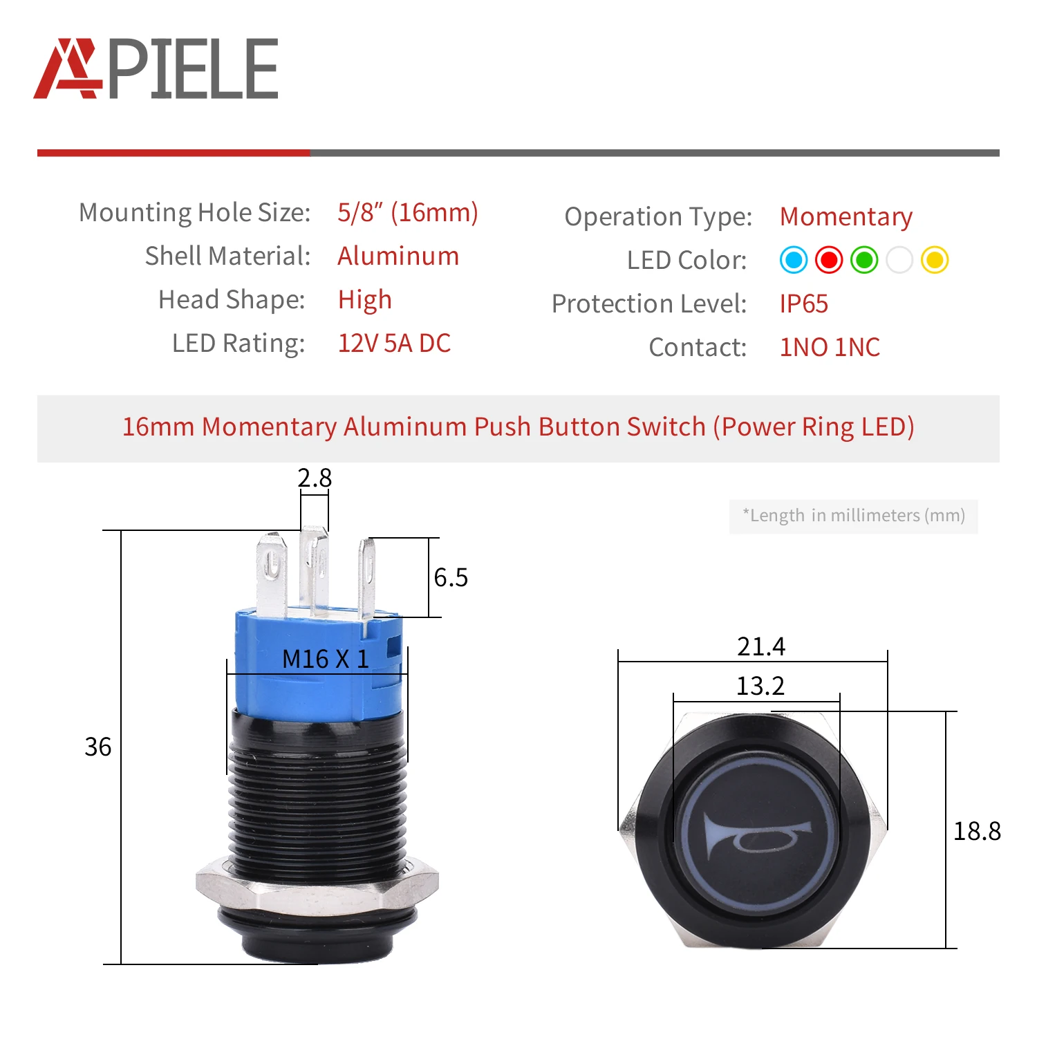 APIELE 16/19mm 12V Momentary Speaker Horn Push Button Toggle Switch 3/4