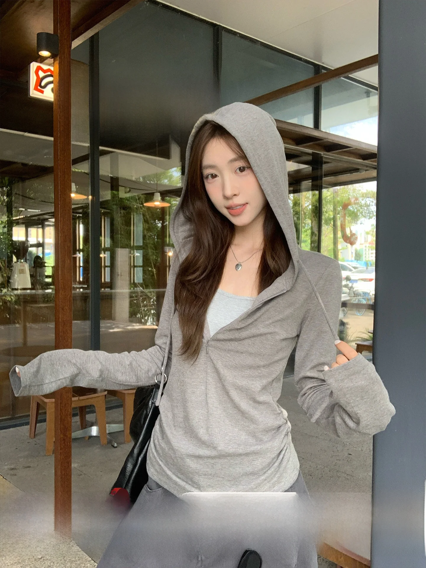 

Женская осенняя толстовка Morning Bloom Color Blo с капюшоном, V-образным вырезом, приталенная, в корейском стиле, облегающая