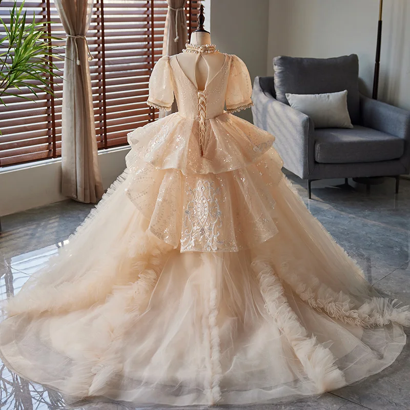 Robe de soirée en Tulle pour filles de 4 à 12 ans, longueur au sol, paillettes Orange, manches courtes, mousseline de soie, perles, col haut, robes à fleurs