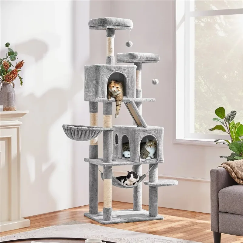 

71.5″ H Multi-Level Large Cat Tree with 2 Cozy Perches and 2 Condos, Light Gray cat tree house cat climbing tree cat tower