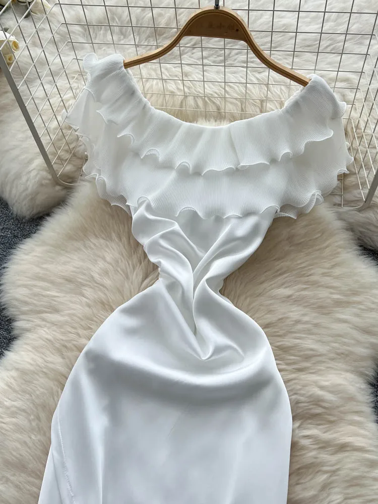 White Gown Women's Design Sense Ruffle Splice Slimming Uneven Satin Dr Korean Sle High Waist A-Line Skirt ort Sve