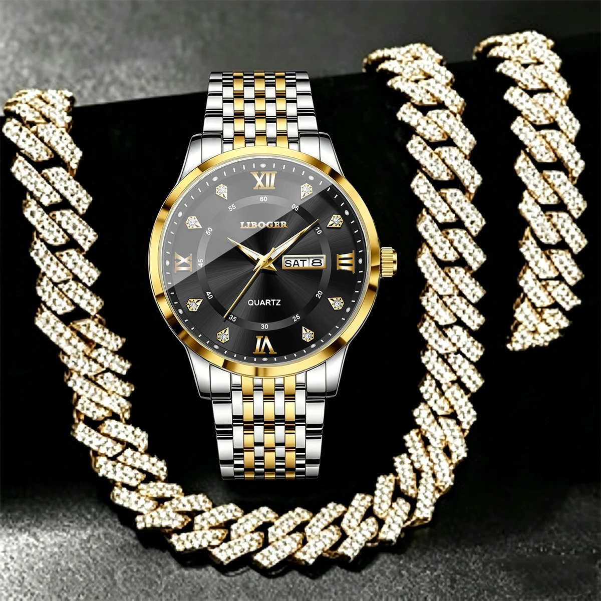 3PCS Luxury Roma Dial Men Business Watches Cuban Diamond Jewelry Set Stainless Steel Strap Calendar Wristwatch Relogio Masculino