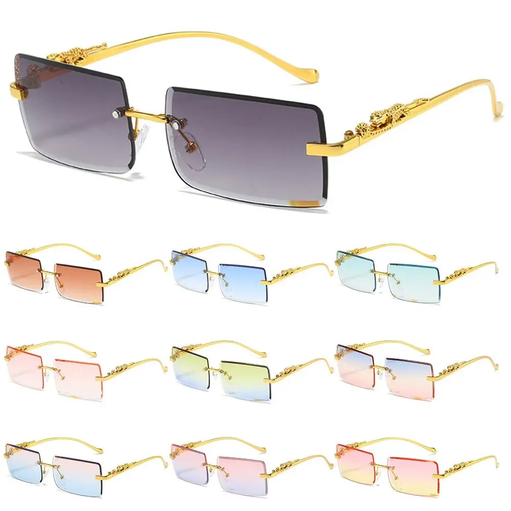 Vintage Metal Cheetah Decor Rectangle Sunglasses Rimless Colorful Ocean Lens Sun Glasses UV400 Eyewear for Women & Men