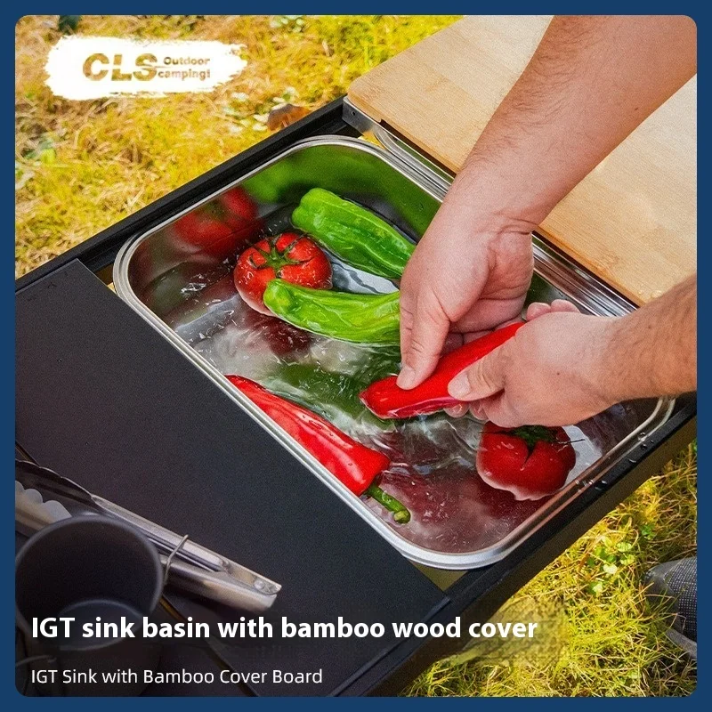 

Outdoor Kitchen Water Basin IGT Stainless Steel Camping Dishwashing Multifunctional Water Storage Basin Single Slot Wooden Cover