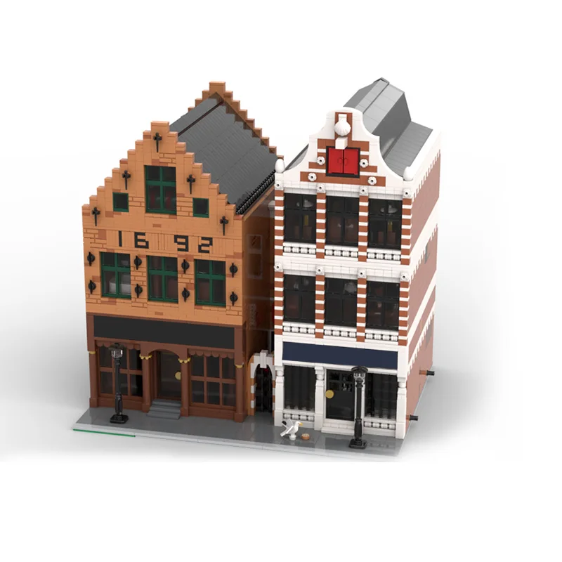 Cidade rua vista modelo moc tijolos de construção mercadorias loja e padaria tecnologia modular presentes feriado montar crianças brinquedos terno