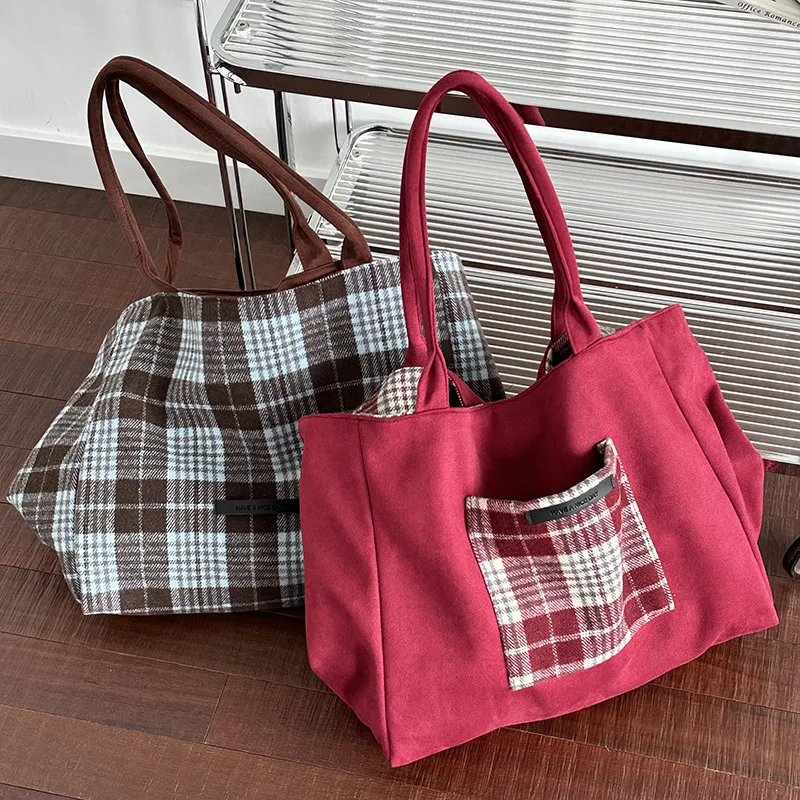 

Double Sided Plaid Women's Woolen Shopping Bags College Girls Faux Suede Book Shoulder Bag Large Capacity Female Tote Handbags