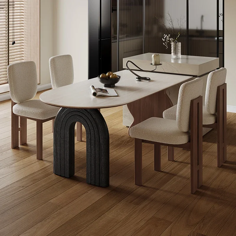 Medieval dining table Modern simple small apartment household travertine rock slab island solid wood