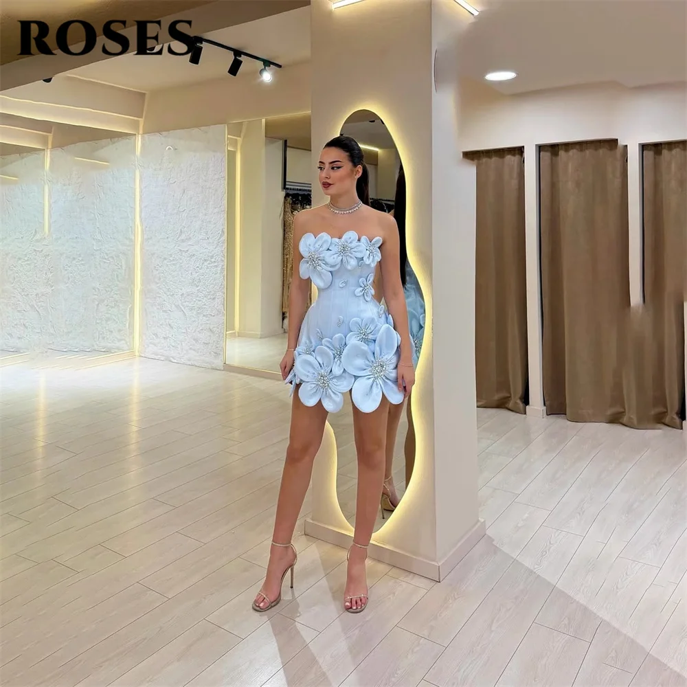 ROSES Blue Evening Gown Strapless Prom Dress Sleeveless Wedding Evening Dress with Flowers and Pearls robes de soirée Customized image 3