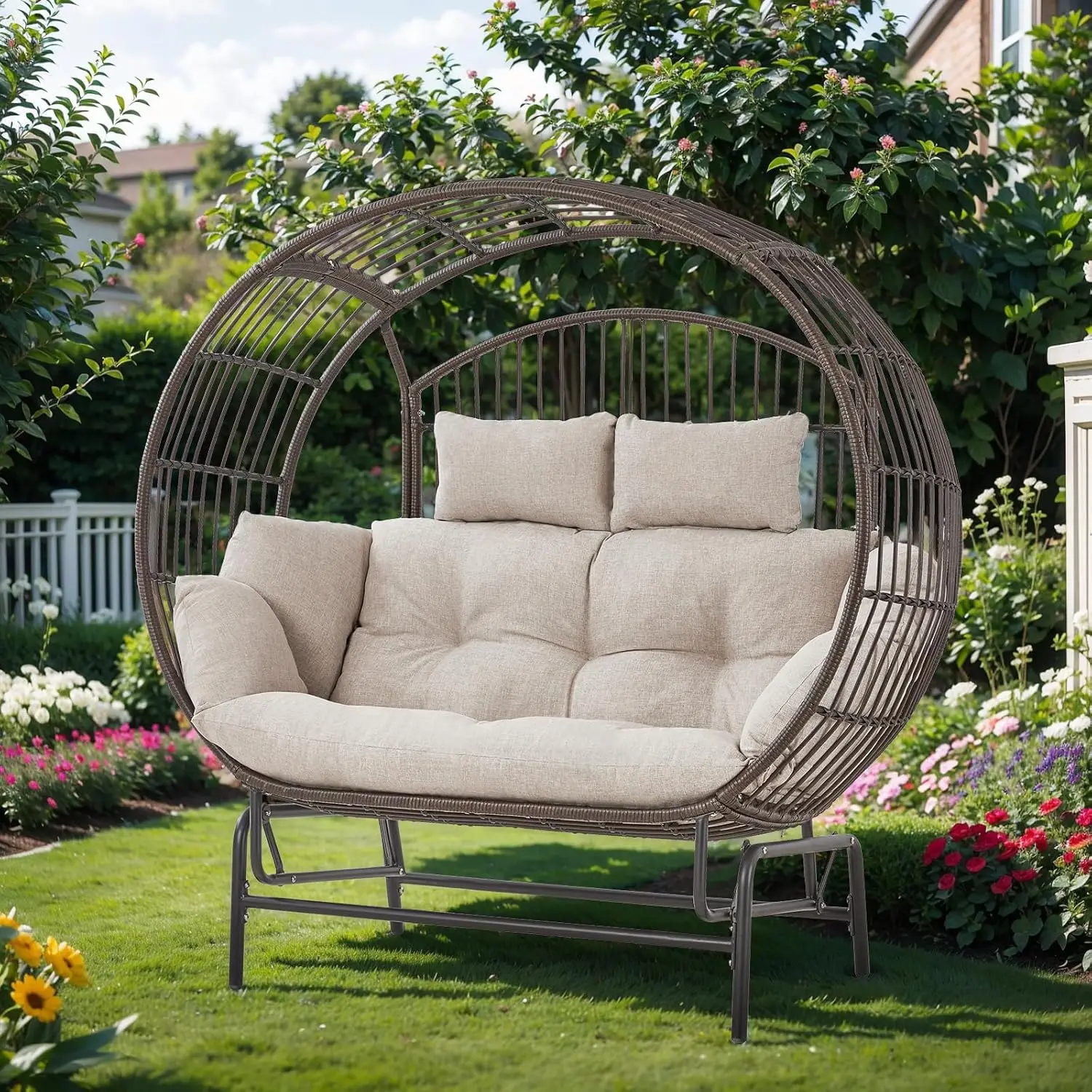 Outdoor Glider Egg Chair, Oversized 2 Person Egg Rocking Chair with Thick Cushions, Wicker Egg Chair Rattan Porch Furniture