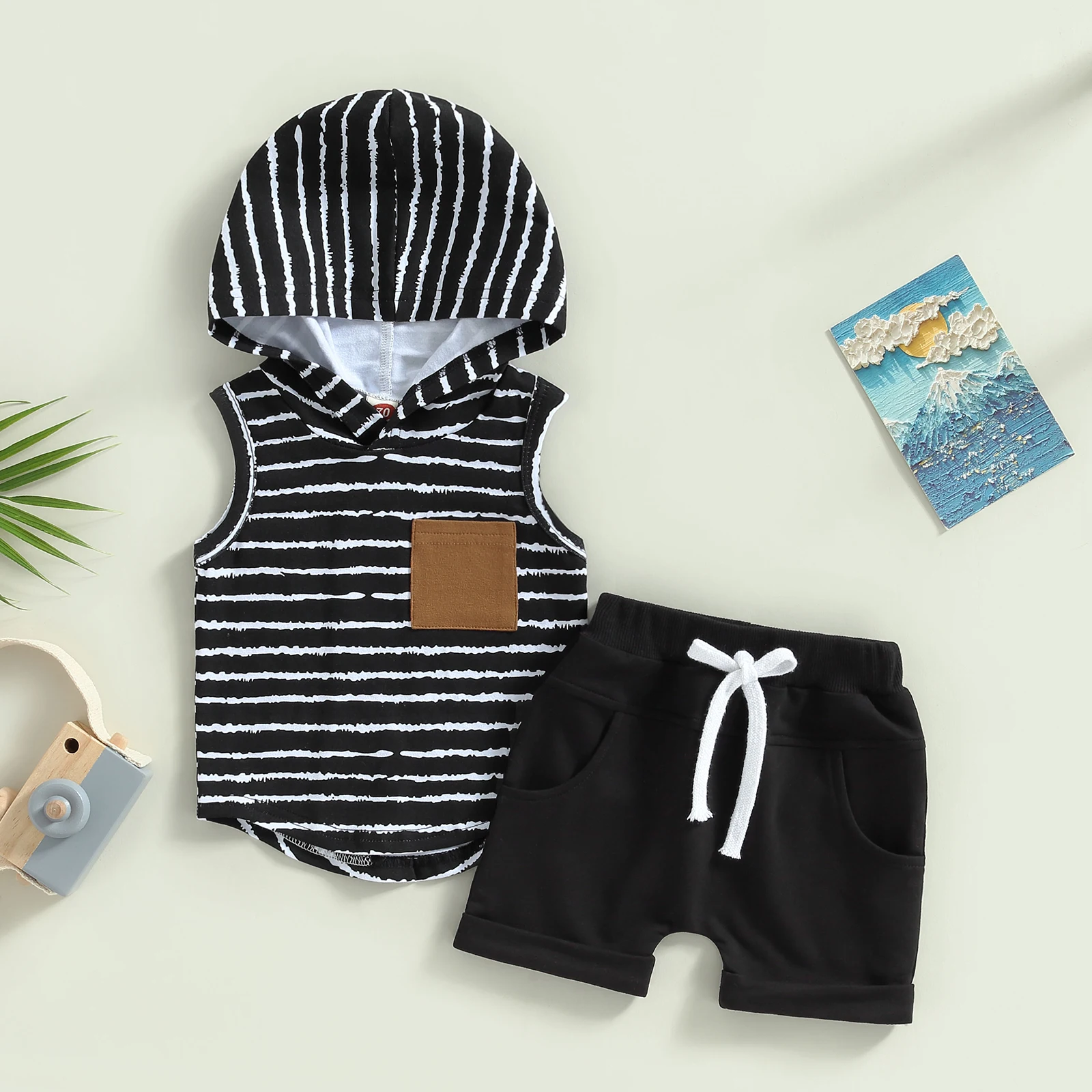 Summer Children'S Boys' Set Black Striped Sleeveless Hooded T-Shirt With Chest Pocket and Elastic Casual Shorts