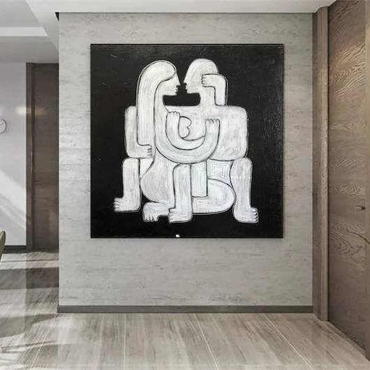 

Human Black and White Paintings on Canvas, Oversized Wall Art, Abstract Original Artwork, Couple Living Room, White