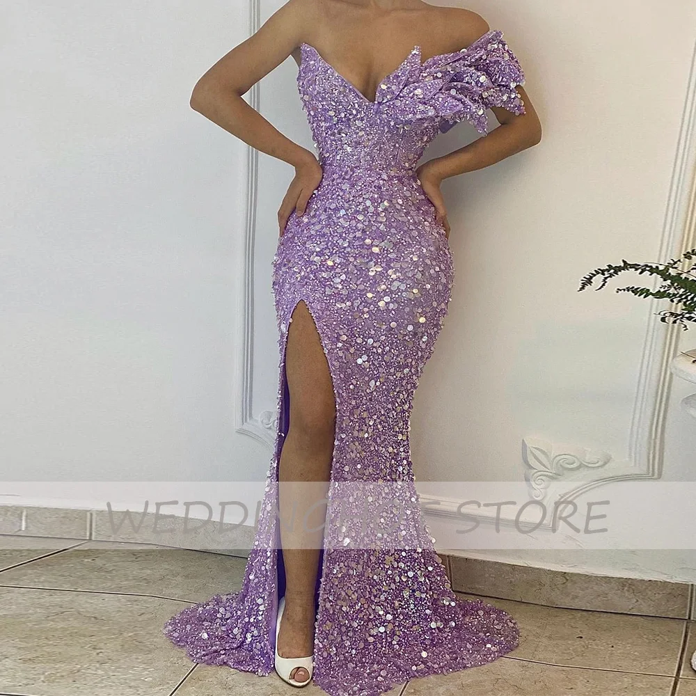 Purple Evening Dresses Long Luxury 2023 V-Neck Sequin Side Split Mermaid Formal Party Dress Sparkle Elegant Sexy Celebrity Gowns