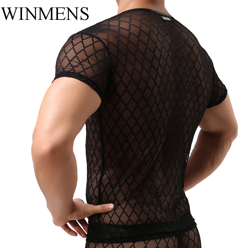 Adult Men\'s Undershirts Diamond Mesh Breathable Black See Inner O-neck Short Sleeves Sheer Fishnet Fitness Dance Performance