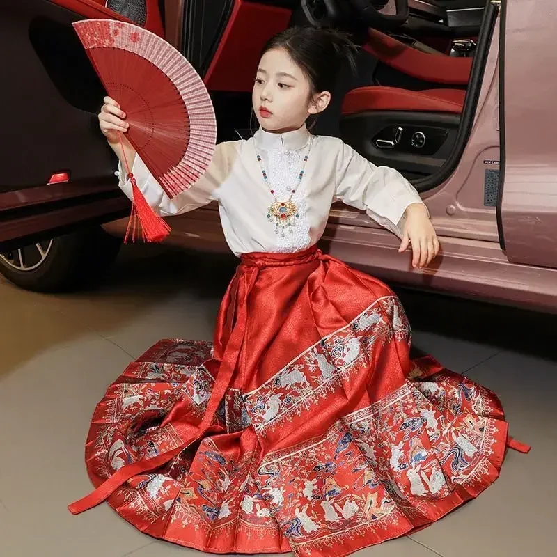 Falda roja Mamian Hanfu para niña, traje tradicional chino, dinastía Ming, falda de cara de caballo