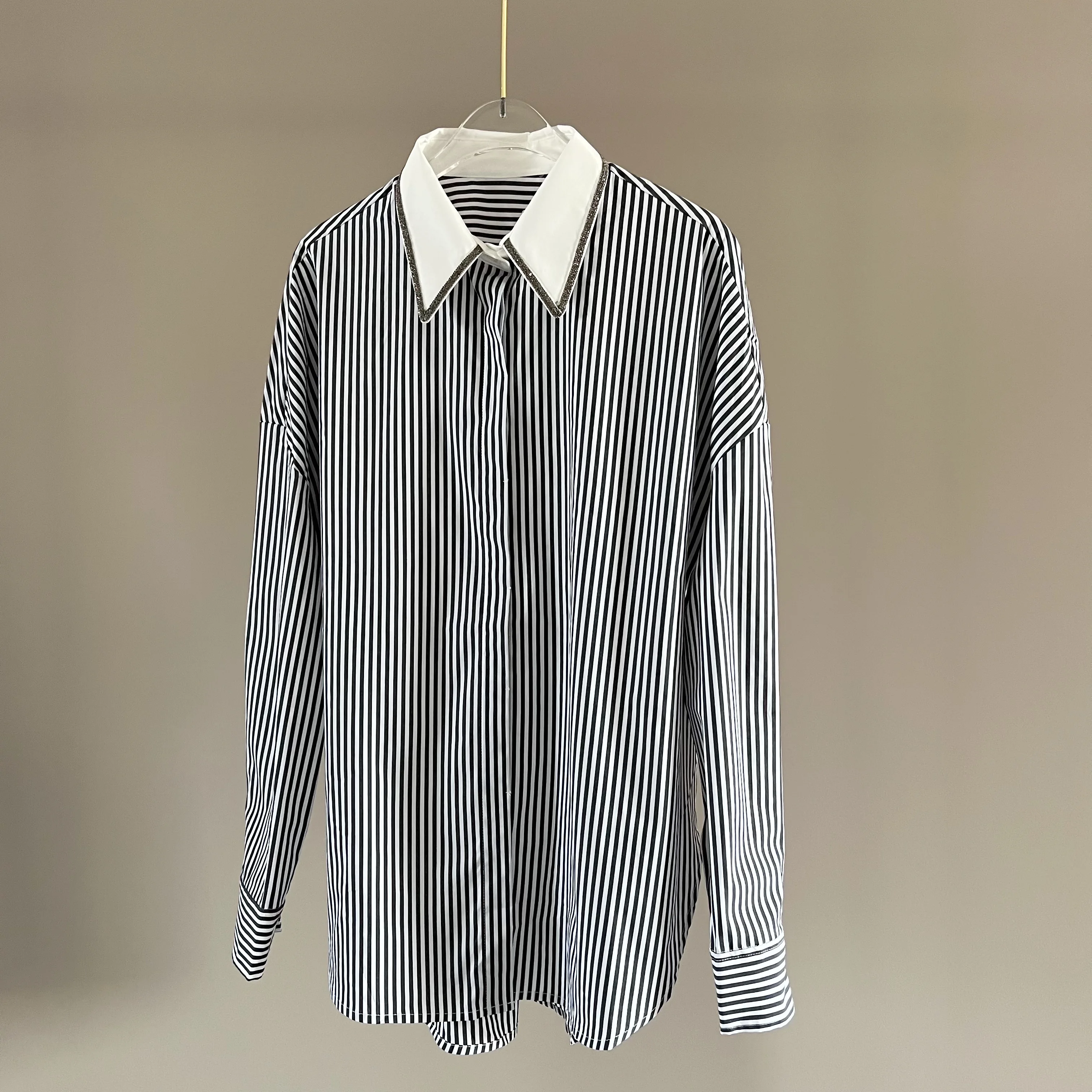 

Bc* Spring New Shirt Italian Style Casual Versatile Classic Polo Collar Bead Chain Stripe Shirt