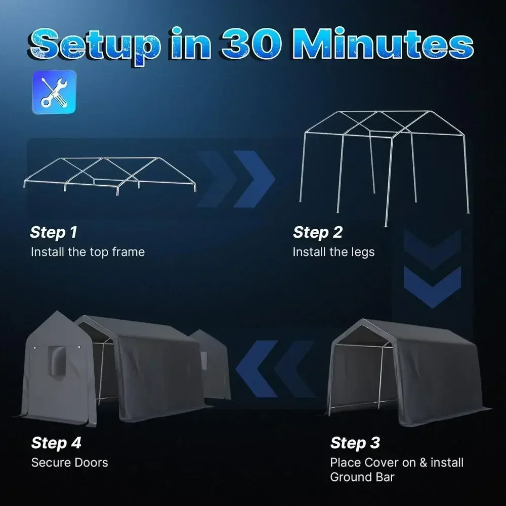 Portable Steel Garage Shelter for Car, Motorcycle, Bike, and Garden Tools with Roll-up Doors and Vents, Gray