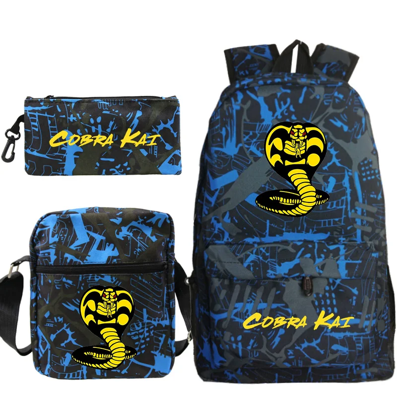 Hot Movie Cobra Kai Backpack 3 Pcs Set Nylon Cartoon Snake School Bags Large Capacity Kids Backpacks Boys Girl Travel Schoolbag