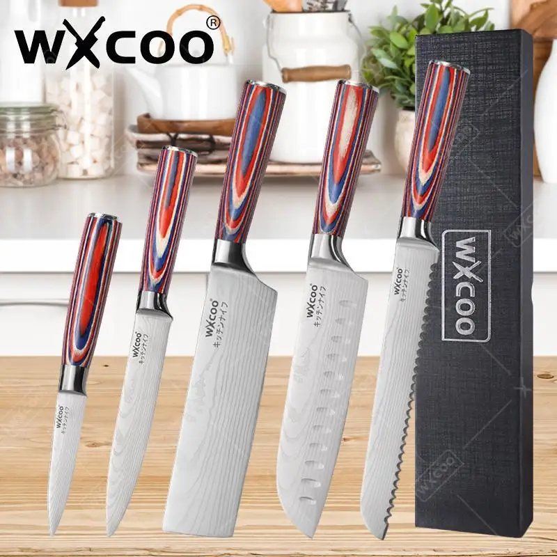 WXCOO Damaskus Laser Messer Geschenkbox Metzger Fleischbeil Schneiden Obst Chef Allzweckmesser Holzgriff Slicer Gemüsemesser