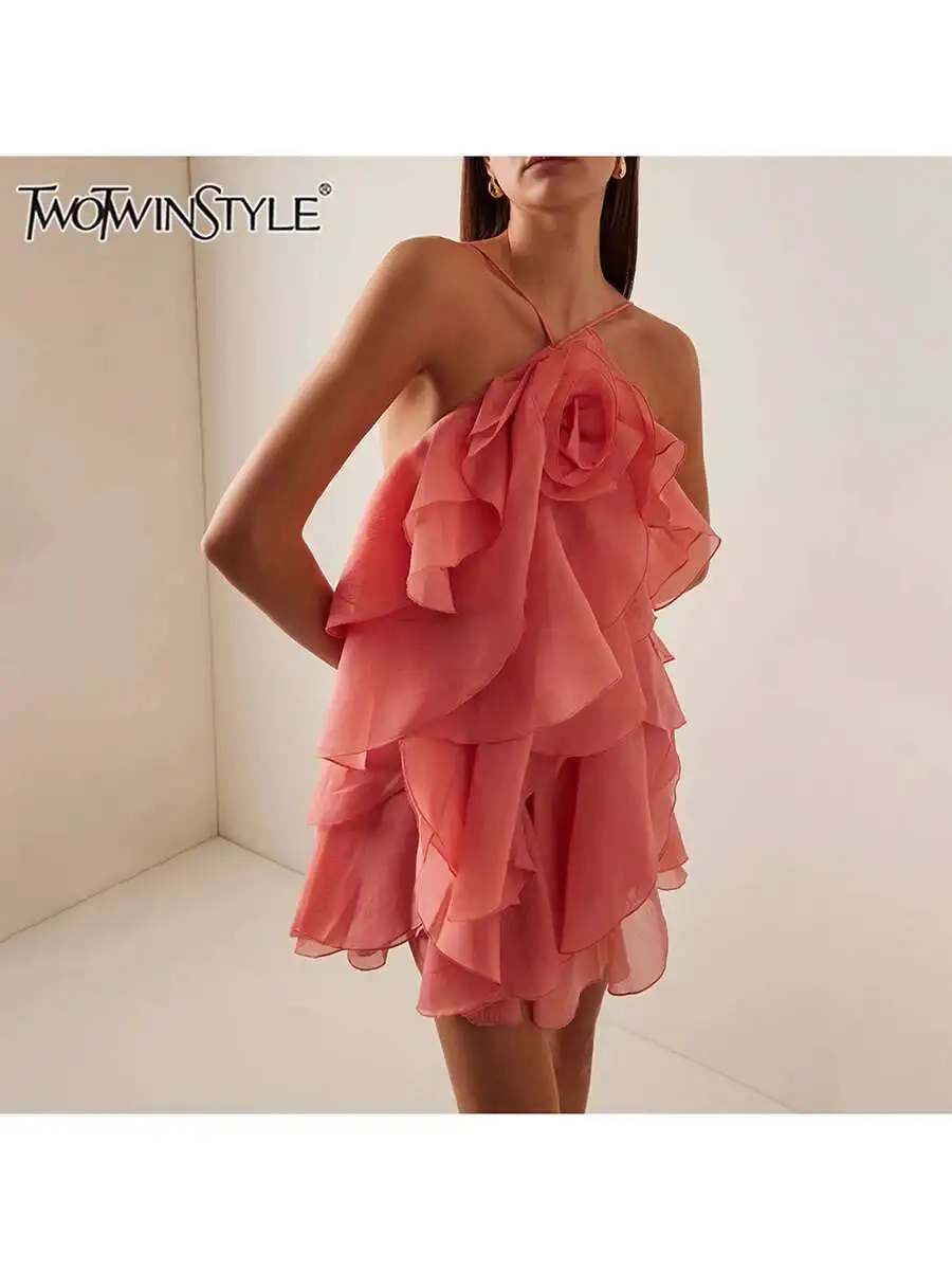 

TWOTWINSTYLE Solid Spliced Appliques Loose Mini Dresses For Women Halter Sleeveless High Waist Backless Casual Dress Female New