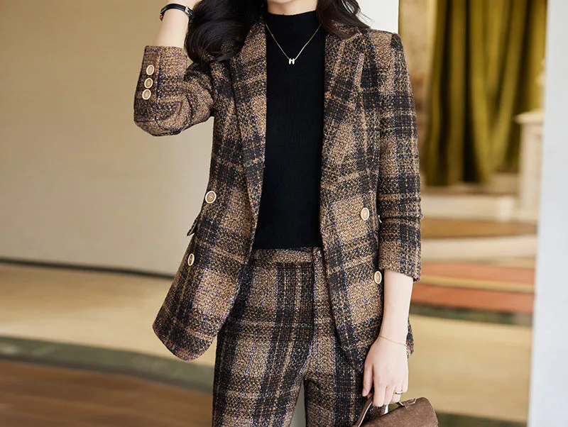 Tesco Elegant Green Plaid Women Suit Notch Lapels Blazer And Pencil Pants Slim Outfits Autumn Warm Female Pant Sets 2 Piece