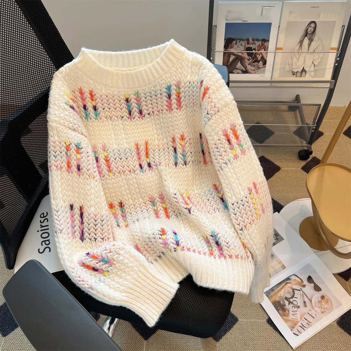 Early Autumn Colorful Round Neck Pullovers Casual Loose Long Sleeve Knitted Sweaters 2025 Trend All-matched Knitwear Tops