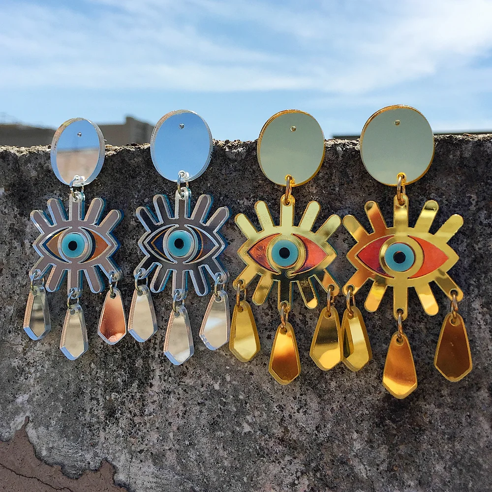 New Evil Eyes Acrylic Mirror Earrings for Women Resin Gold/Silver Color Earring 2024 Design Jewelry