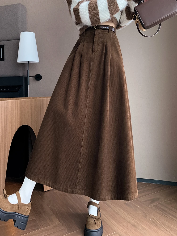 Long Skirt Women 2024 New Fall Winter High Waist Corduroy Skirts Korean Style Fashion Zipper Up Pocket Pleated Skirts Female