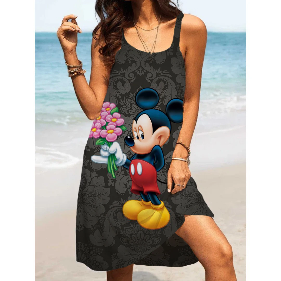 Summer Fashion Sling Print Sexy Skinny Seaside Casual Oversize Women\'s Beach Dresses Disney-Mickey Minnie Dresses for Women 2024