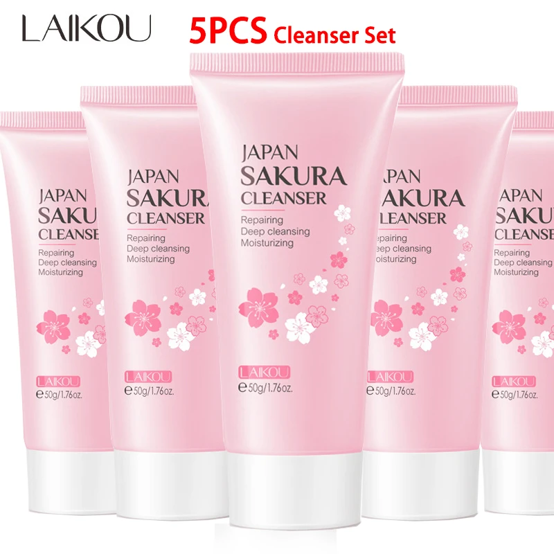 LAIKOU 5PCS Japan Sakura Cleanser Reparing Gengle Deep Cleaning Moisturizing Remove Blackhead Pore Face Skin Care Skin Cleanser