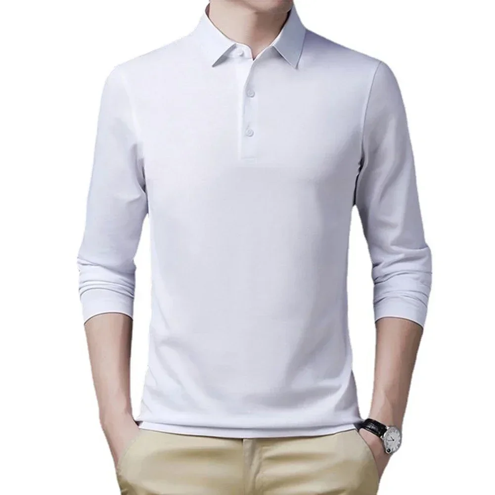 Camiseta de manga larga para hombre, Polo de algodón con cuello redondo, color blanco y negro, moda de negocios para jóvenes, otoño y primavera