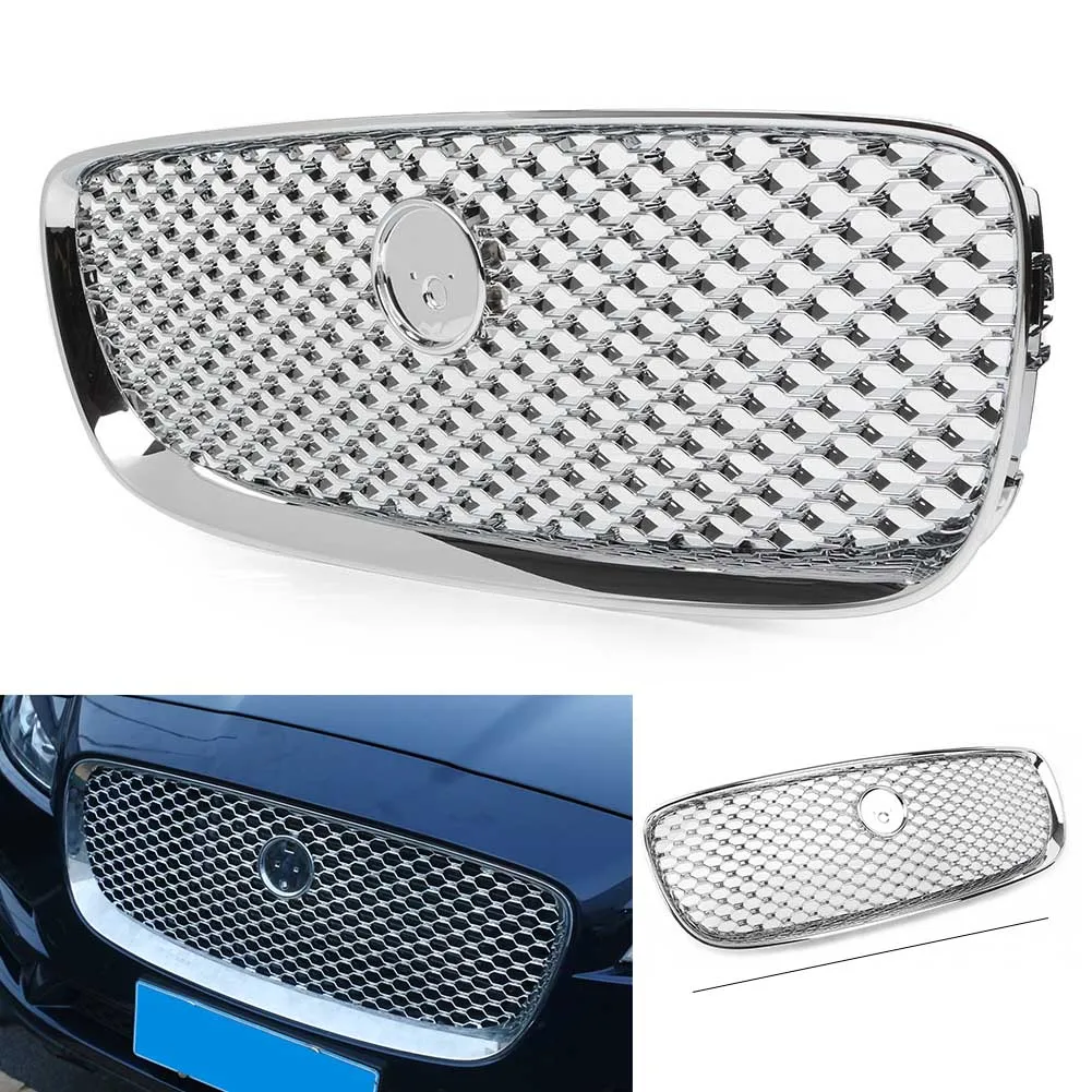 

Car Chrome Front Grille Upper Radiator Grill For Jaguar X260 XF XFR 2016 2017 2018 2019 2020 w/ Emblem