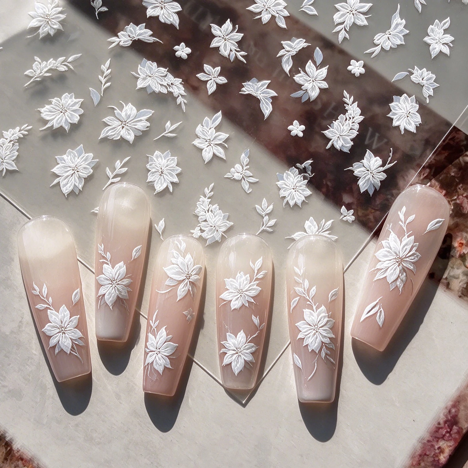 1Pcs 5D Embossed White Floral Nail Stickers Delicate Magnolia Leaf Self Adhesive Nails Decals for Bride Wedding Manicure Decor 1